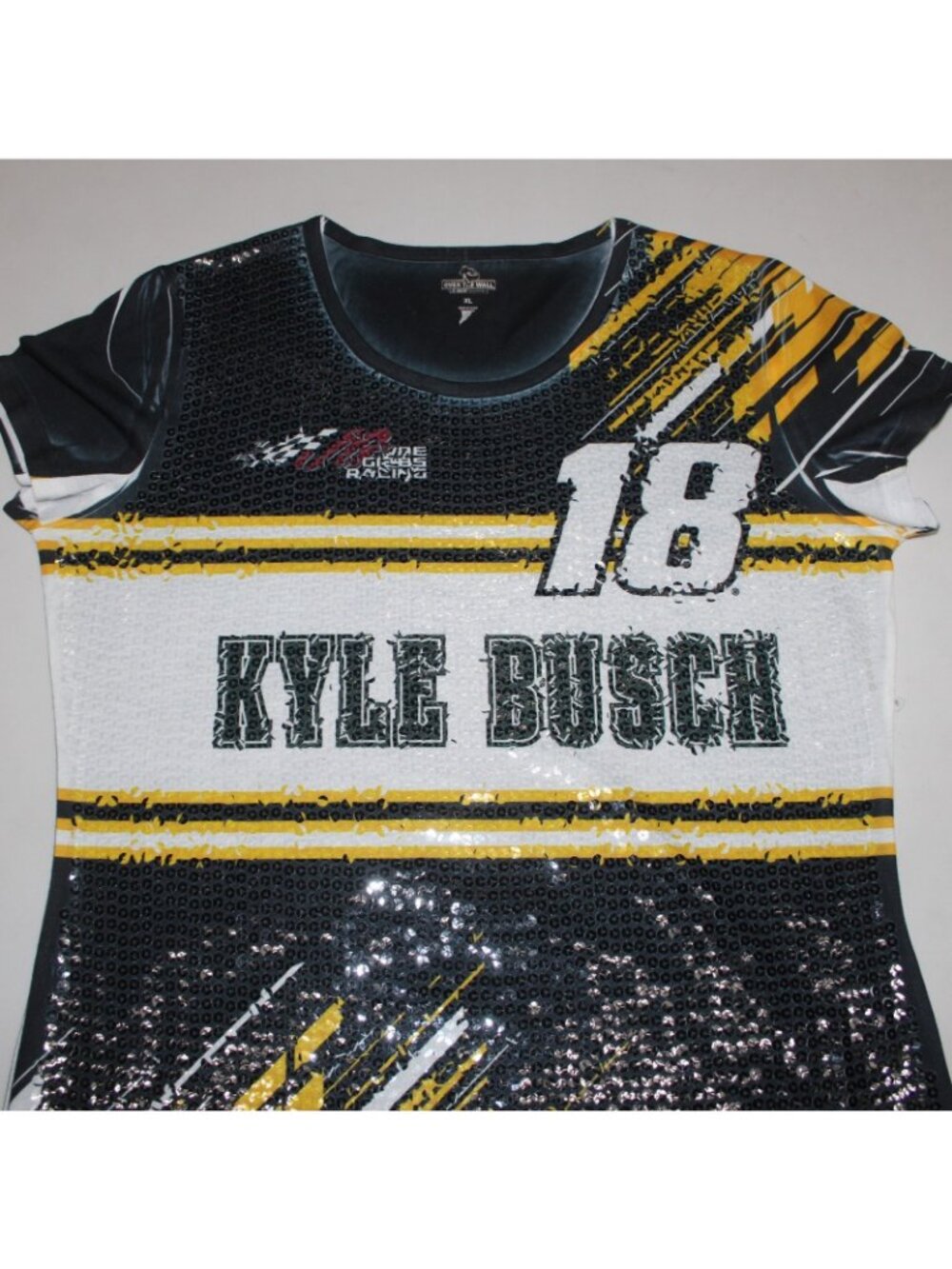 Over The Wall Top Sz XL Black White Yellow Sequin Kyle Busch 18 100% Poly Top - Picture 8 of 11